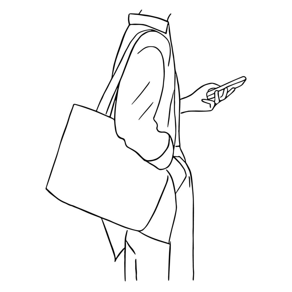 dessin au trait minimal de personnes utilisant un téléphone portable et portant un sac fourre-tout dans un concept dessiné à la main pour la décoration, style doodle vecteur