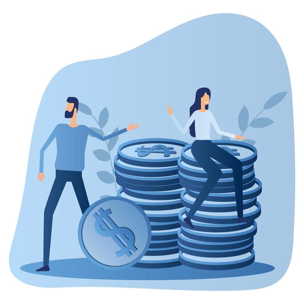 un homme et une femme près d'une pile de pièces de monnaie. le concept de conseil financier, d'investissement et d'épargne en espèces. illustration vectorielle plate. vecteur