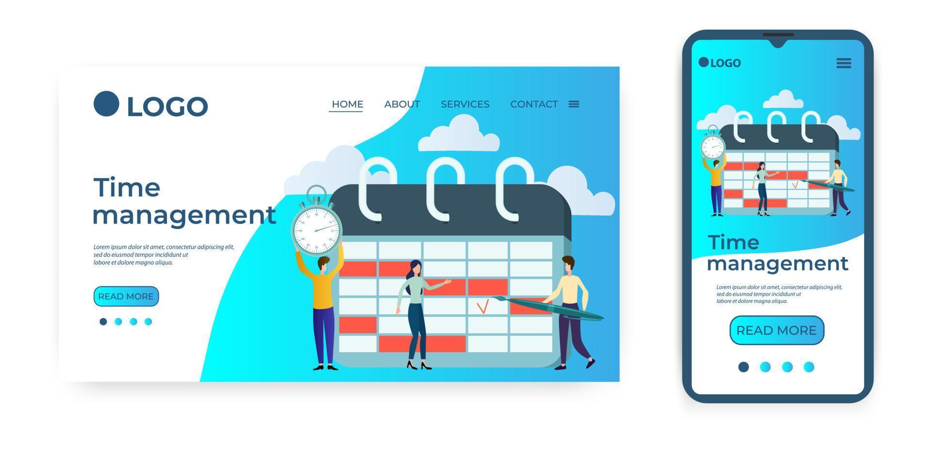 time-management.template pour l'interface utilisateur de la page d'accueil du site web.landing page template.the adaptive design of the smartphone.vector illustration. vecteur