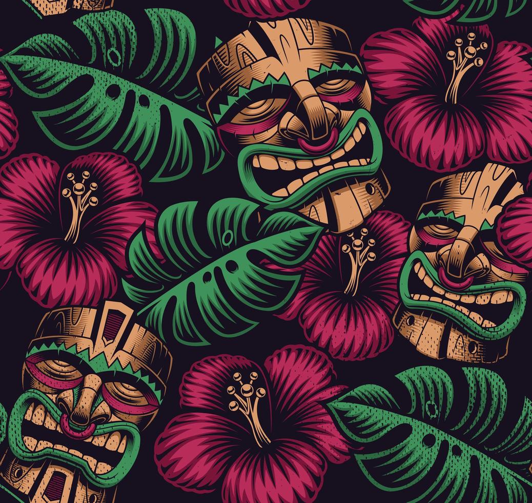 motif de couleur transparente avec des masques tiki et des feuilles vecteur