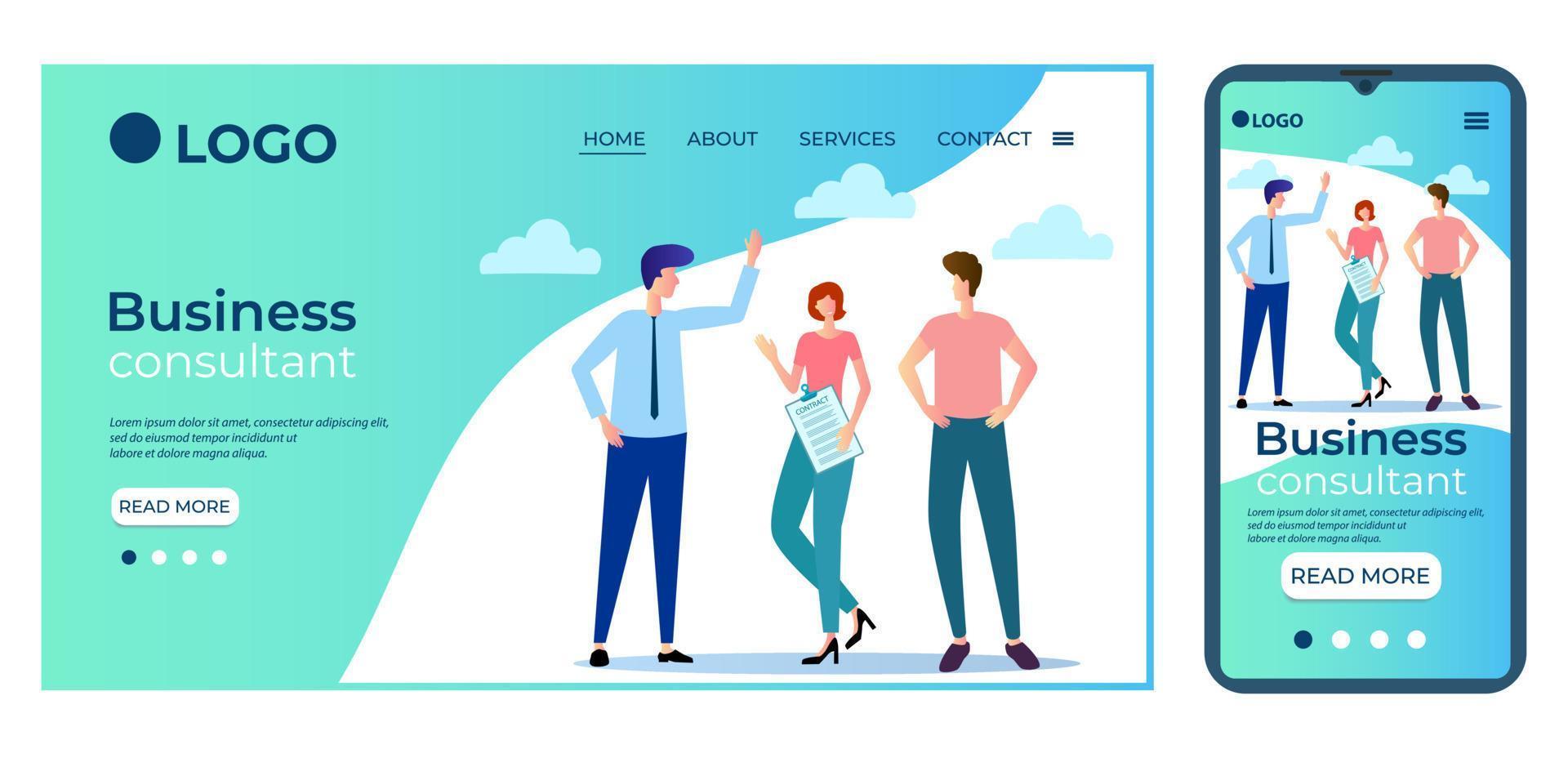 consultant en affaires.modèle pour l'interface utilisateur de la page d'accueil du site Web.modèle de page d'accueil.la conception adaptative du smartphone.illustration vectorielle. vecteur