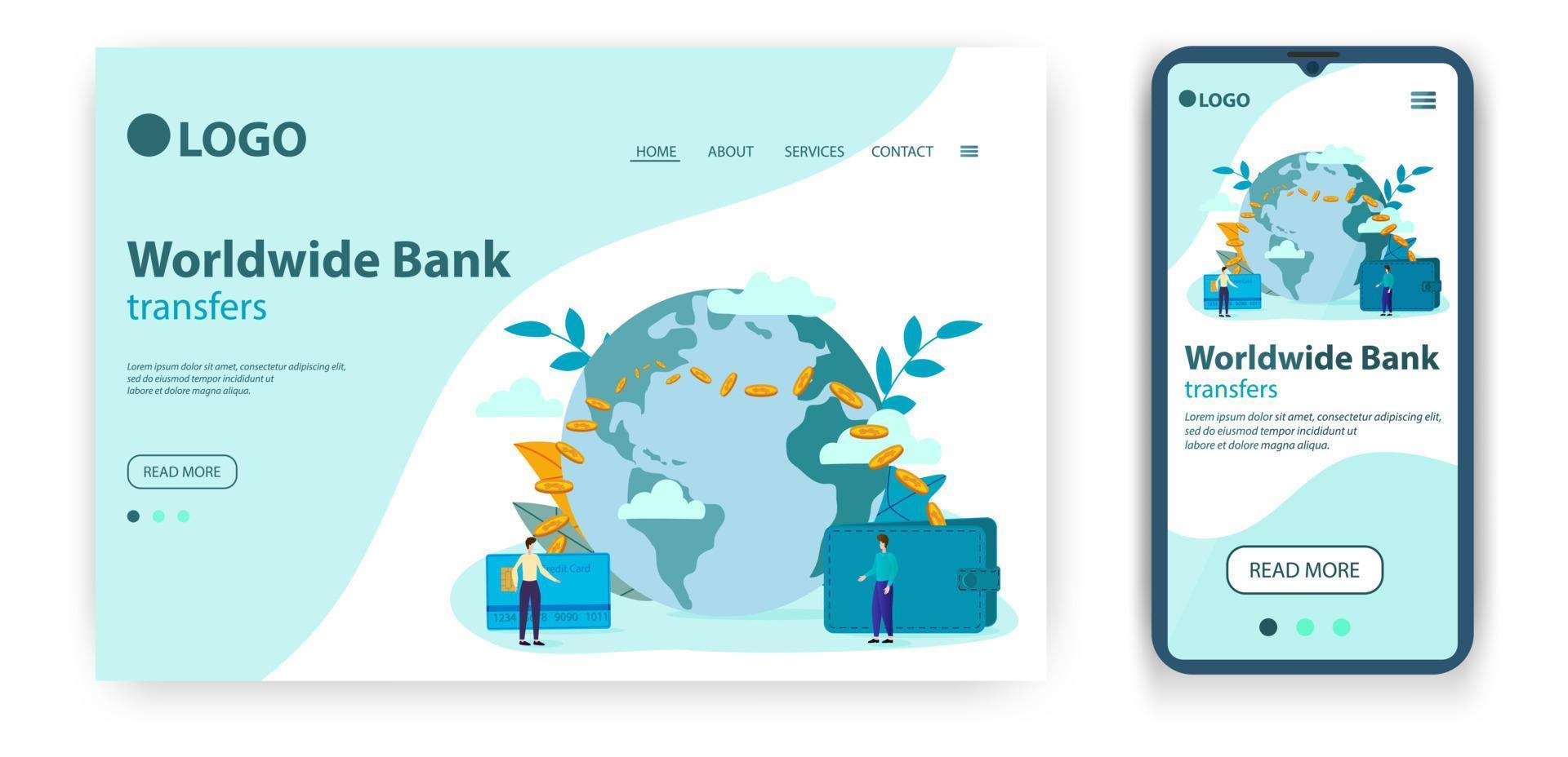 page web de la conception de la page de destination sur le thème des virements bancaires mondiaux. le concept d'une illustration vectorielle plate pour développer un site Web en utilisant la conception adaptative pour les applications mobiles. vecteur
