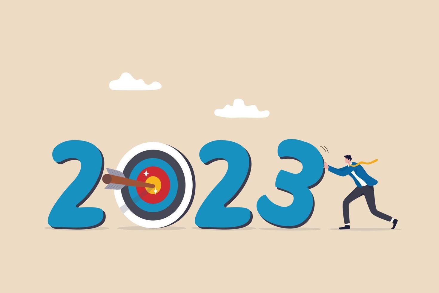 objectif commercial de l'année 2023, résolution du nouvel an ou défi pour atteindre l'objectif, viser le succès commercial, la croissance ou la motivation pour réussir le concept, homme d'affaires changeant d'année à l'objectif 2023. vecteur