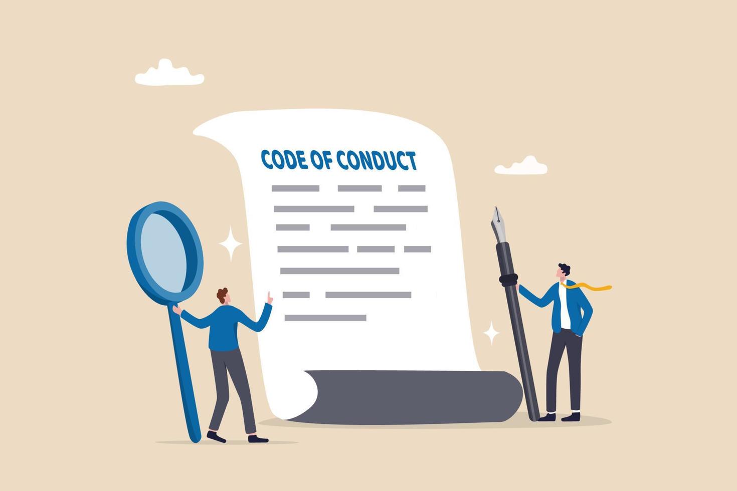 code de conduite, politique ou règles éthiques, réglementation ou principes directeurs pour la responsabilité du travail, document de conformité ou concept standard de l'entreprise, homme d'affaires écrivant un document de code de conduite. vecteur