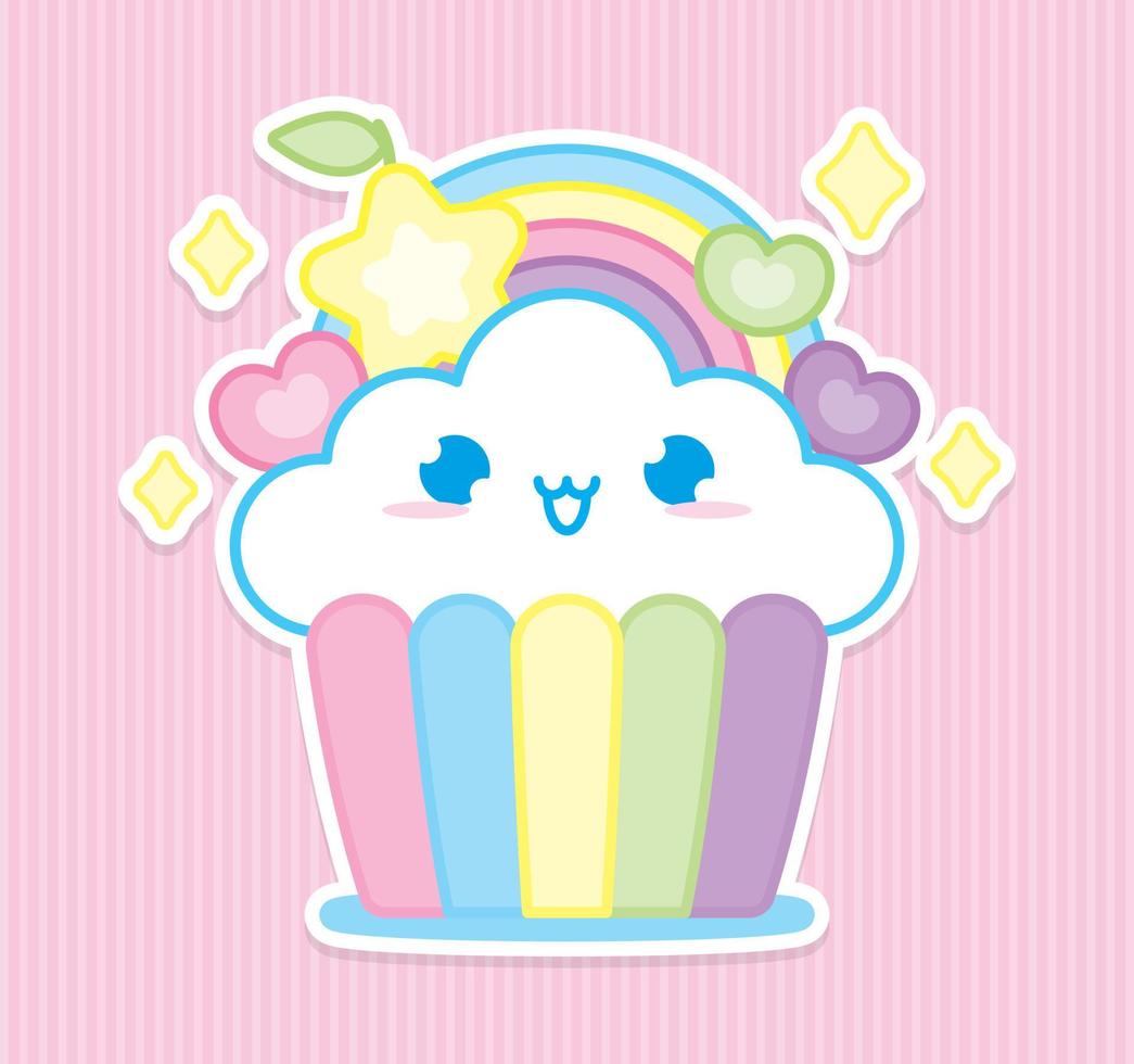 mignon petit gâteau de style kawaii qui ressemble à un nuage avec un vecteur d'illustration arc-en-ciel et étoiles