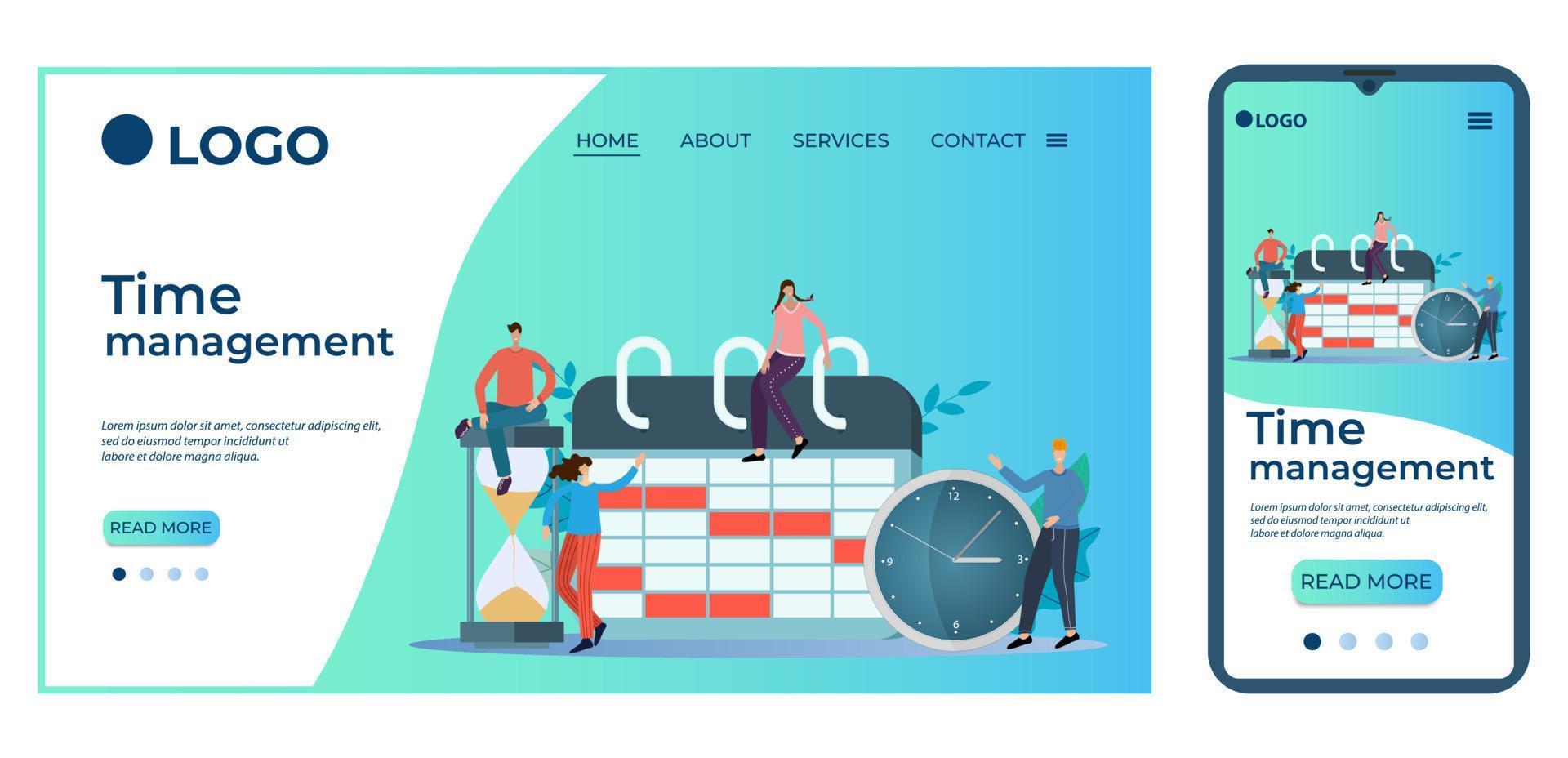gestion du temps.personnes, sablier et réveil.modèle pour l'interface utilisateur de la page d'accueil du site.modèle de page d'accueil.la conception adaptative du smartphone.illustration vectorielle. vecteur