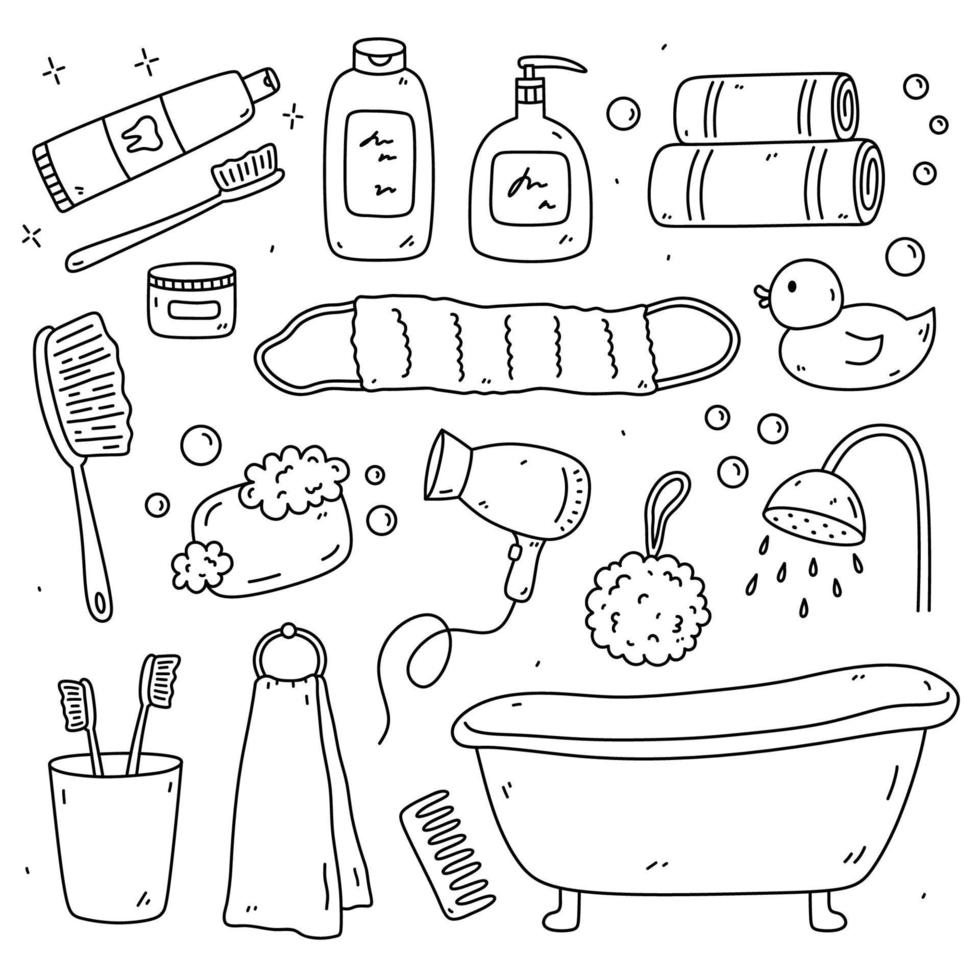 ensemble de griffonnages avec accessoires de salle de bain - dentifrice, brosse à dents, shampoing, savon, serviettes, débarbouillettes, sèche-cheveux, baignoire, canard en caoutchouc et autres. hygiène personnelle, soins du corps.illustration vectorielle dessinée à la main vecteur