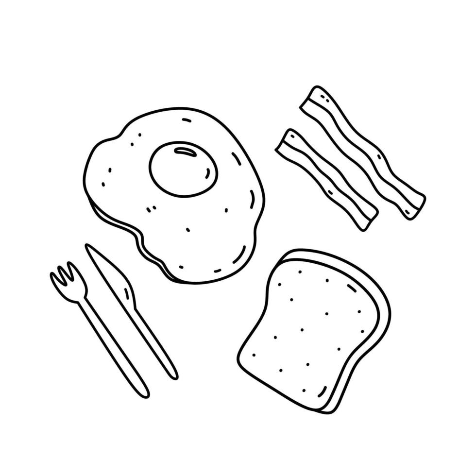 oeufs frits avec pain grillé et bacon isolé sur fond blanc. nourriture pour le petit déjeuner. illustration vectorielle dessinée à la main dans un style doodle. parfait pour les recettes, la décoration, le logo, le menu, divers designs. vecteur