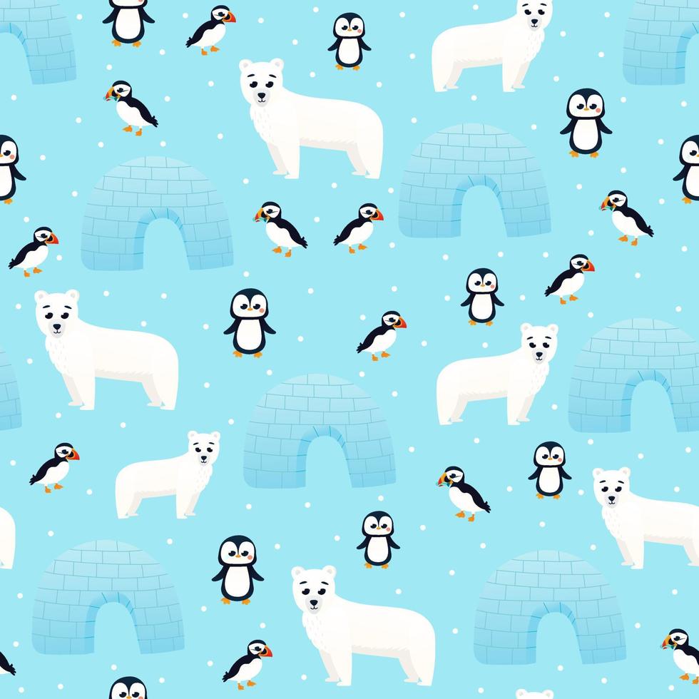 motif enfantin sans couture avec ours polaire, pingouin et macareux. conception créative pour enfants. parfait pour le tissu, le textile vecteur