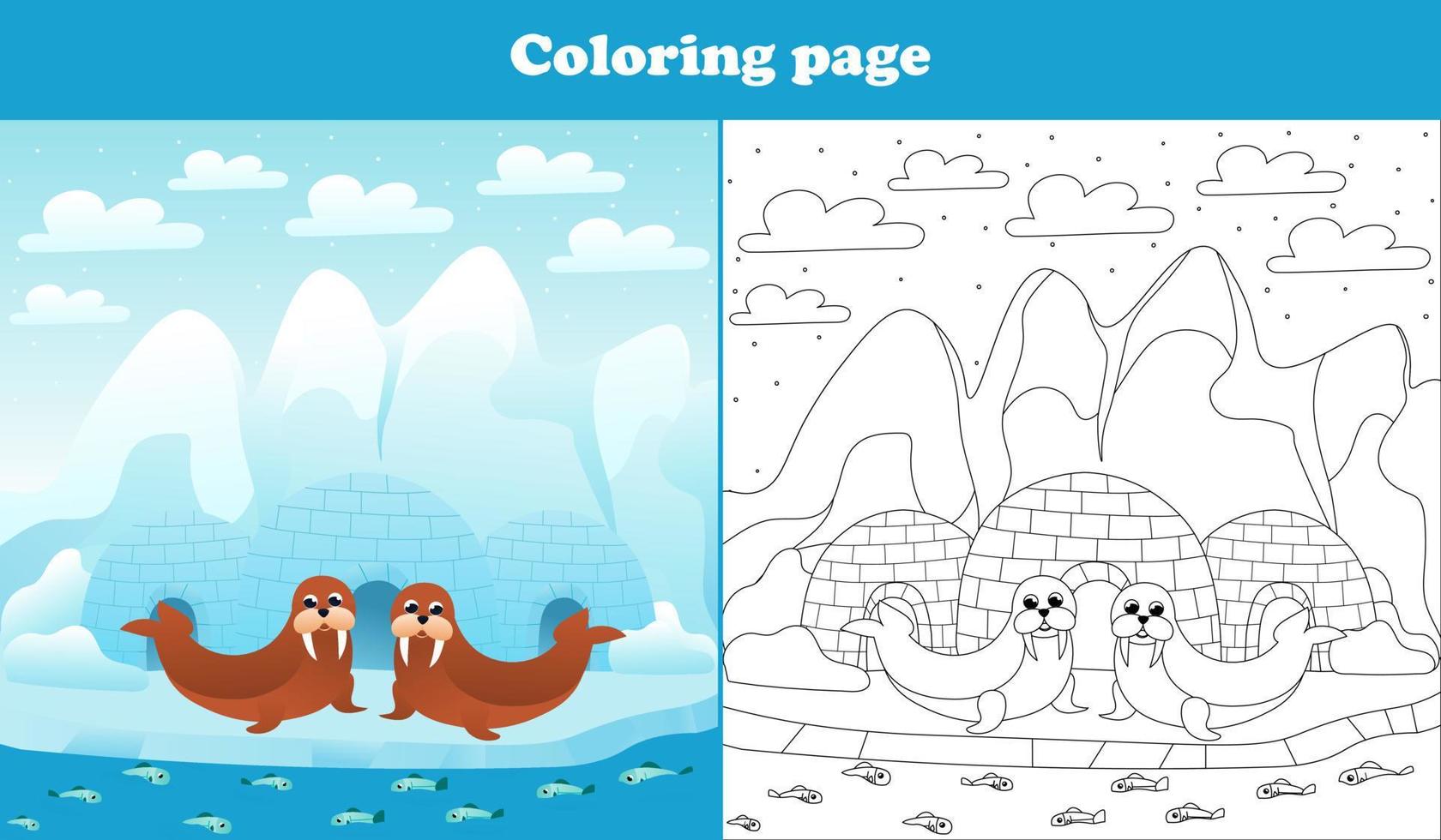 paysage arctique pour les enfants avec des personnages de phoques mignons, page de coloriage pour les livres pour enfants, feuille de calcul imprimable en style dessin animé pour l'école, thème de la faune animale vecteur