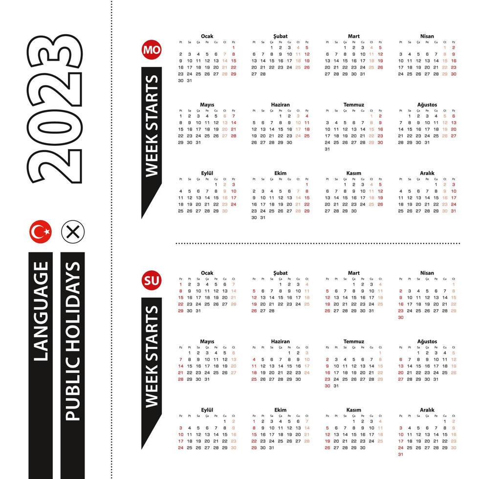 deux versions du calendrier 2023 en turc, la semaine commence le lundi et la semaine commence le dimanche. vecteur
