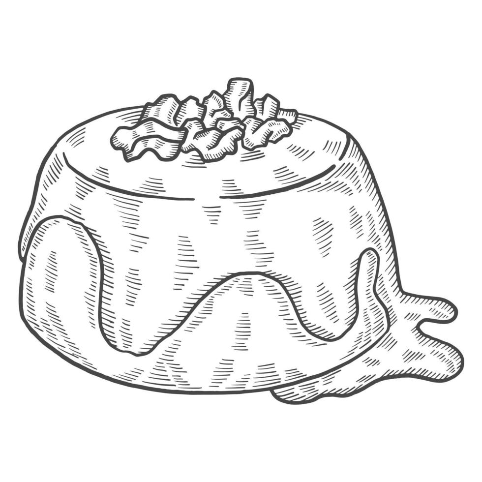 pudding au caramel collant britannique ou angleterre et collation de dessert doodle isolé croquis dessiné à la main avec style de contour vecteur