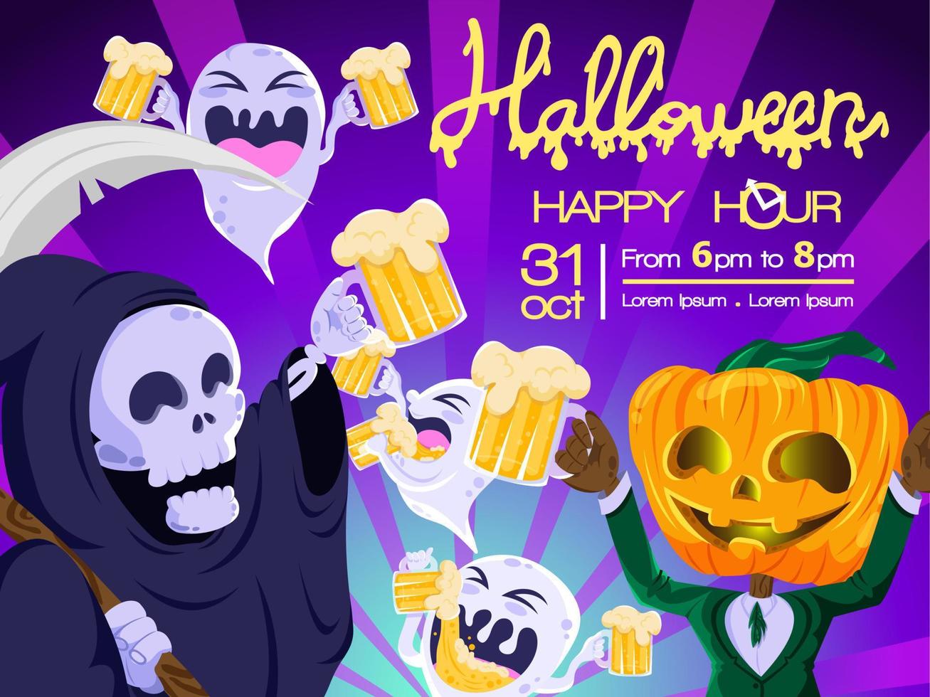 halloween special happy hour beer party poster invitation faucheuse petit fantôme mignon citrouille jack party vecteur