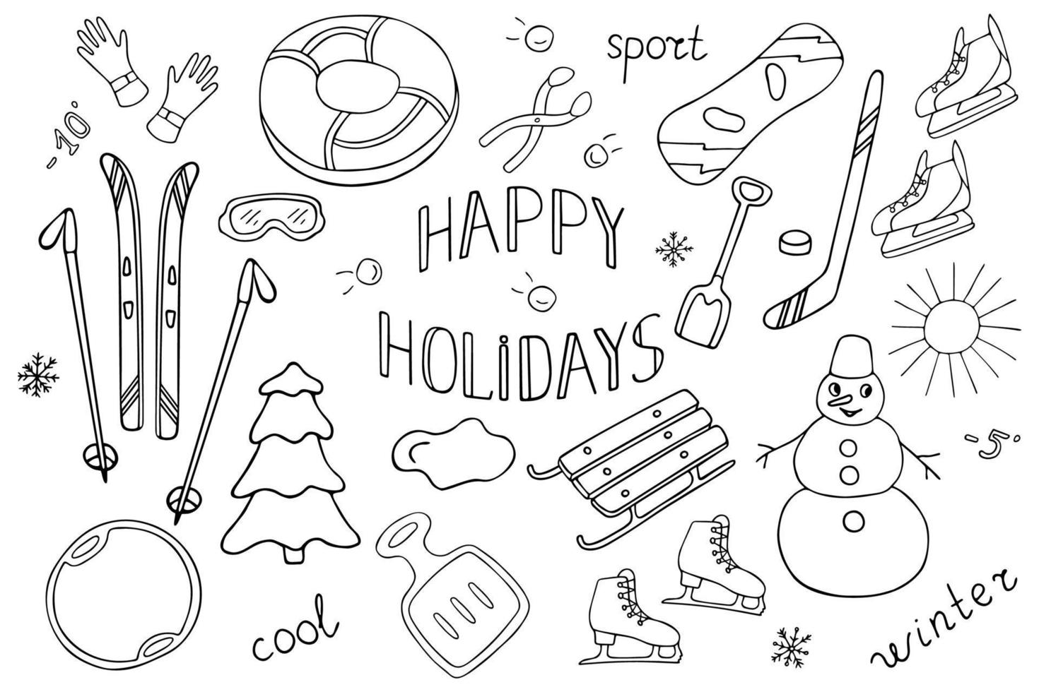 ensemble vectoriel de sports d'hiver et d'objets pour les activités de plein air dans le style doodle.