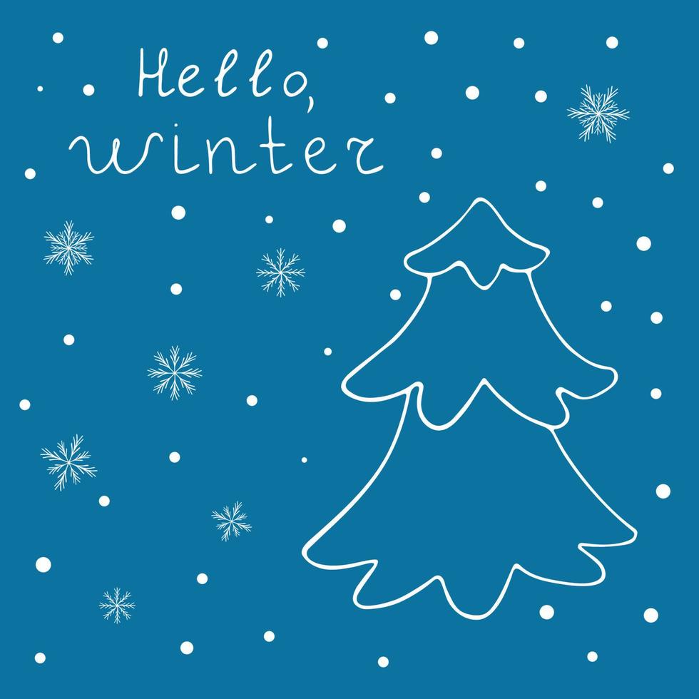 dessin vectoriel d'un sapin de noël et de flocons de neige sur fond bleu dans le style doodle. Bonjour l'hiver.