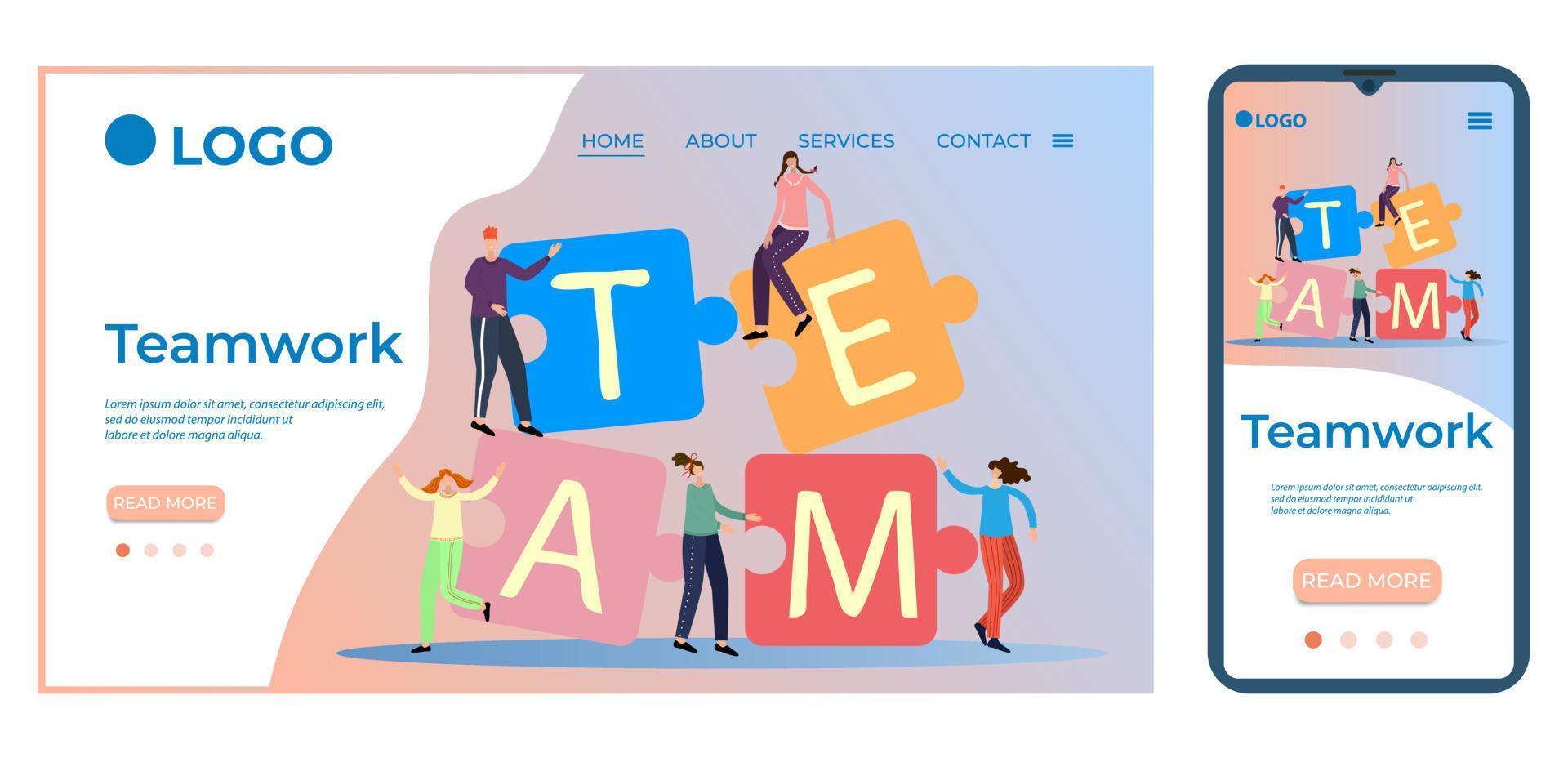 travail d'équipe.modèle pour l'interface utilisateur de la page d'accueil du site Web.modèle de page d'accueil.la conception adaptative du smartphone.illustration vectorielle. vecteur