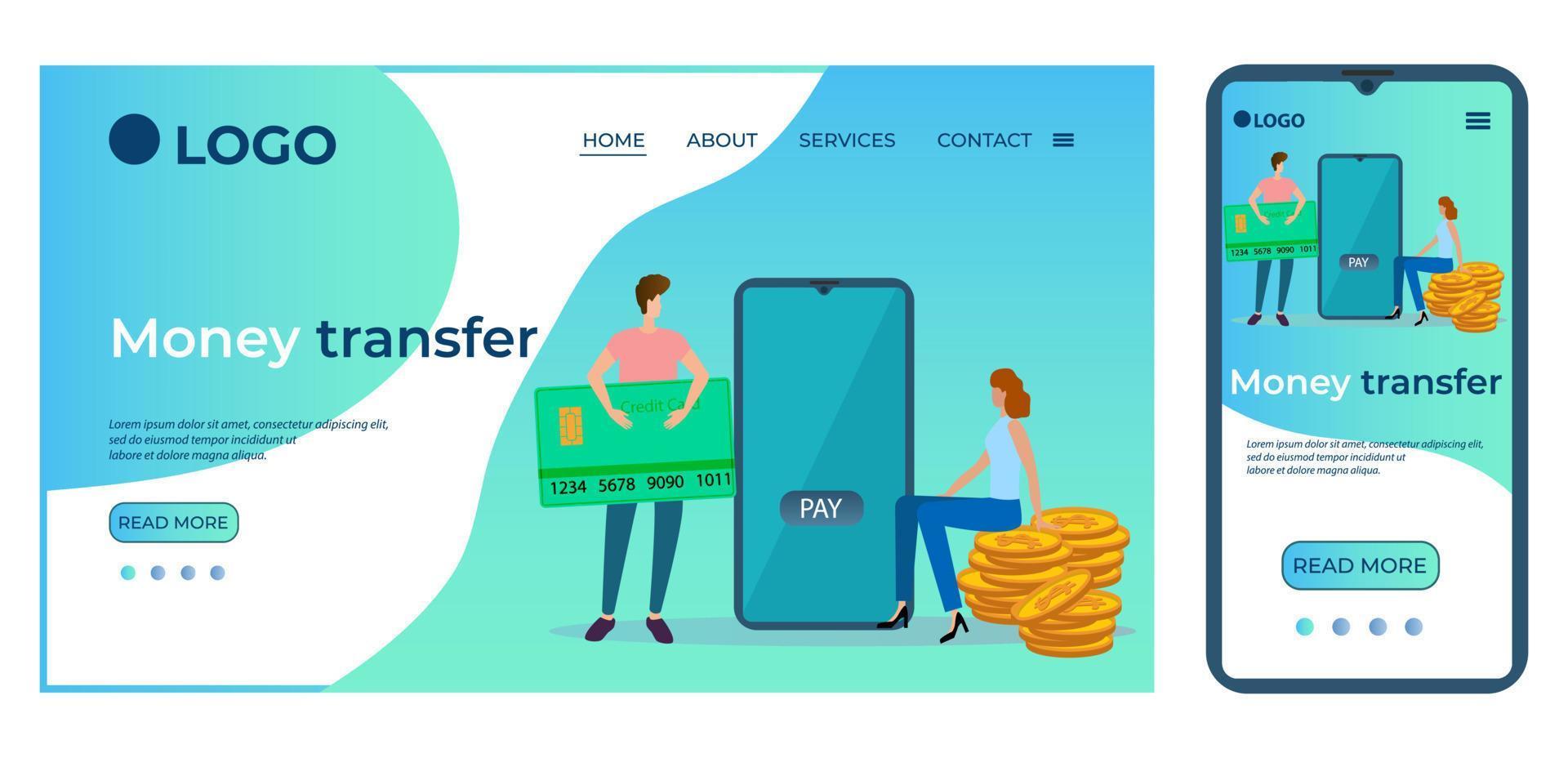 transfert d'argent.modèle pour l'interface utilisateur de la page d'accueil du site.modèle de page d'accueil.la conception adaptative du smartphone.illustration vectorielle. vecteur