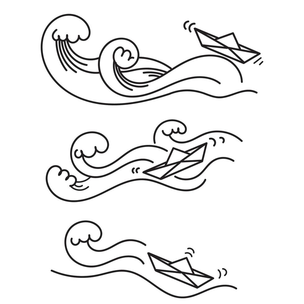 bateau en papier doodle dessiné à la main dans le vecteur d'illustration de grandes vagues