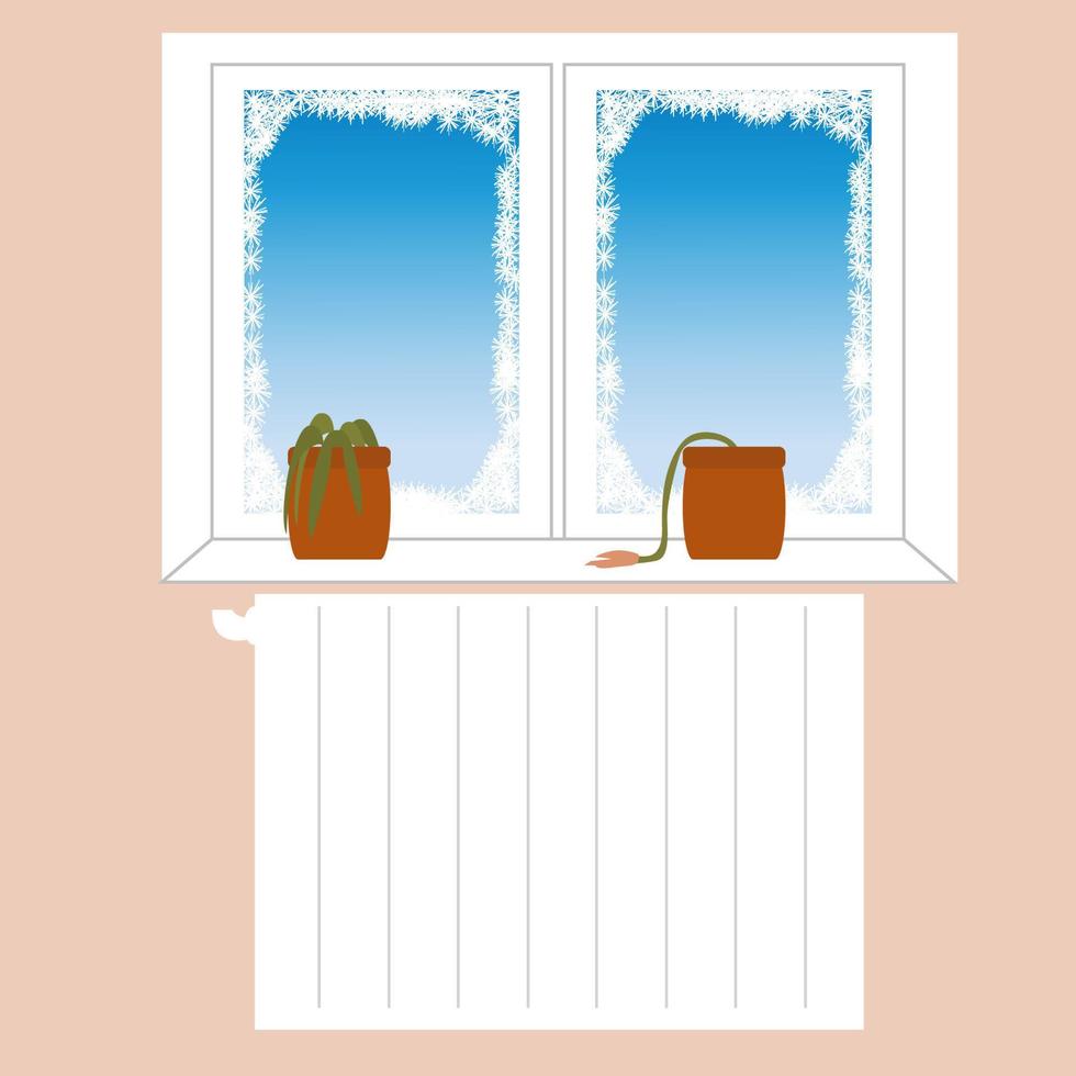 fleurs de maison mortes de froid à la fenêtre glacée. le concept de la crise énergétique en europe. sanctions anti-russes à la veille de l'hiver vecteur