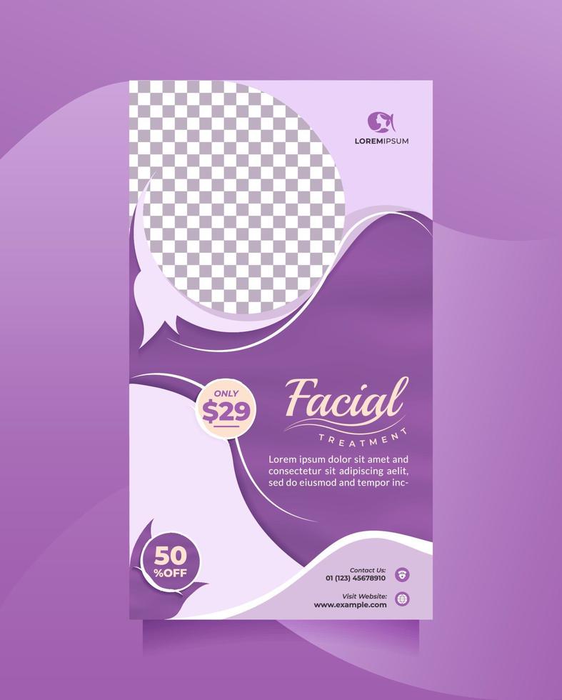 publication sur les médias sociaux et modèle de bannière pour la promotion du centre de soins de beauté du visage avec un violet moderne. conception vectorielle pour promouvoir un salon de beauté, une clinique de peau saine, la vente de cosmétiques, un spa médical, etc. vecteur