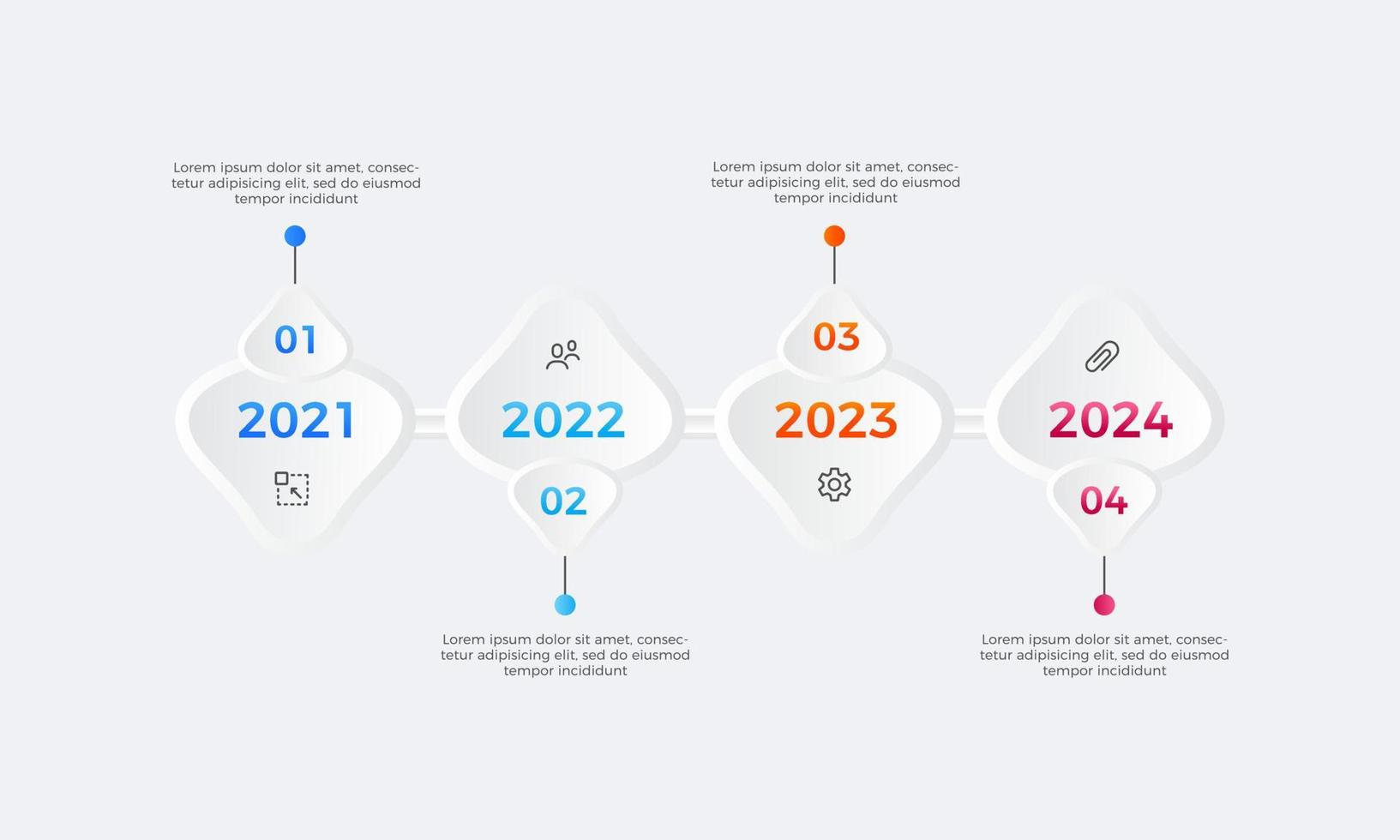 conception d'infographie en quatre étapes de chronologie moderne, modèle de conception d'étiquette d'infographie de chronologie avec icône vecteur