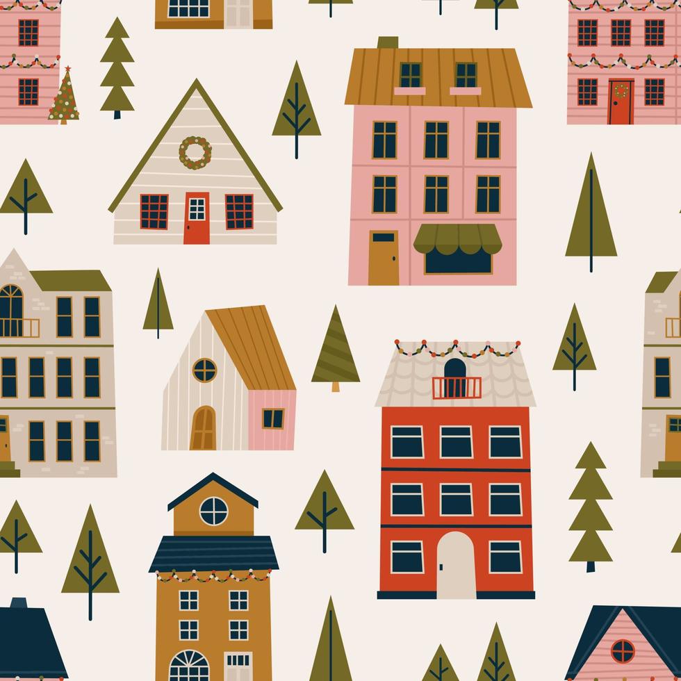 joyeux noël et bonne année modèle sans couture avec diverses petites maisons. illustrations modernes de dessin à la main. art contemporain coloré vecteur