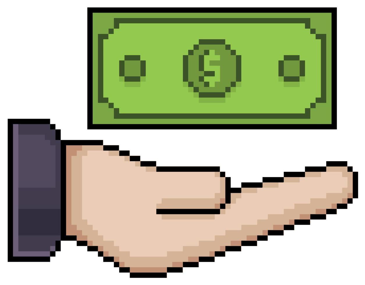 pixel art hand holding banknote, icône de vecteur d'argent pour le jeu 8bit sur fond blanc