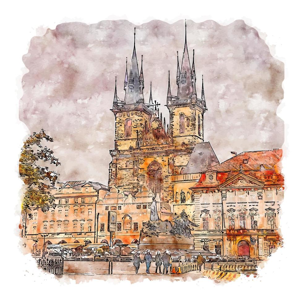 prague république tchèque croquis aquarelle illustration dessinée à la main vecteur