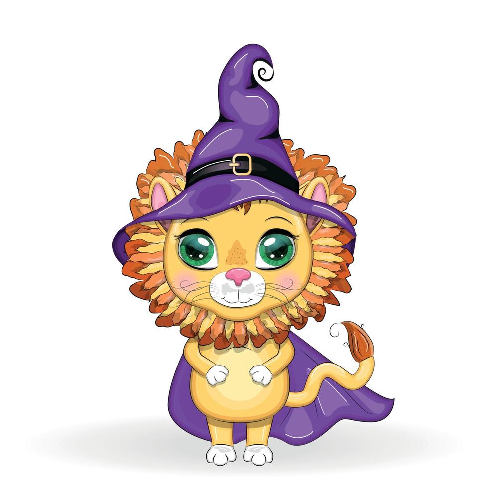 Lion de dessin animé mignon avec de beaux yeux, orange dans un chapeau et une cape de sorcière violets. Halloween 2022. vecteur