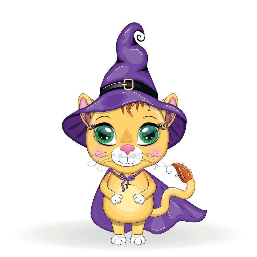 Lion de dessin animé mignon avec de beaux yeux, orange dans un chapeau et une cape de sorcière violets. Halloween 2022. vecteur