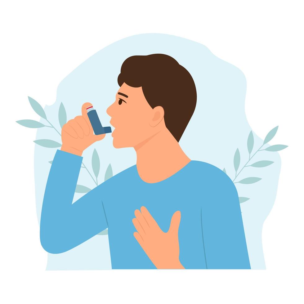 l'homme utilise un inhalateur d'asthme contre l'attaque. journée mondiale de l'asthme. allergie, asthme bronchique. illustration vectorielle vecteur