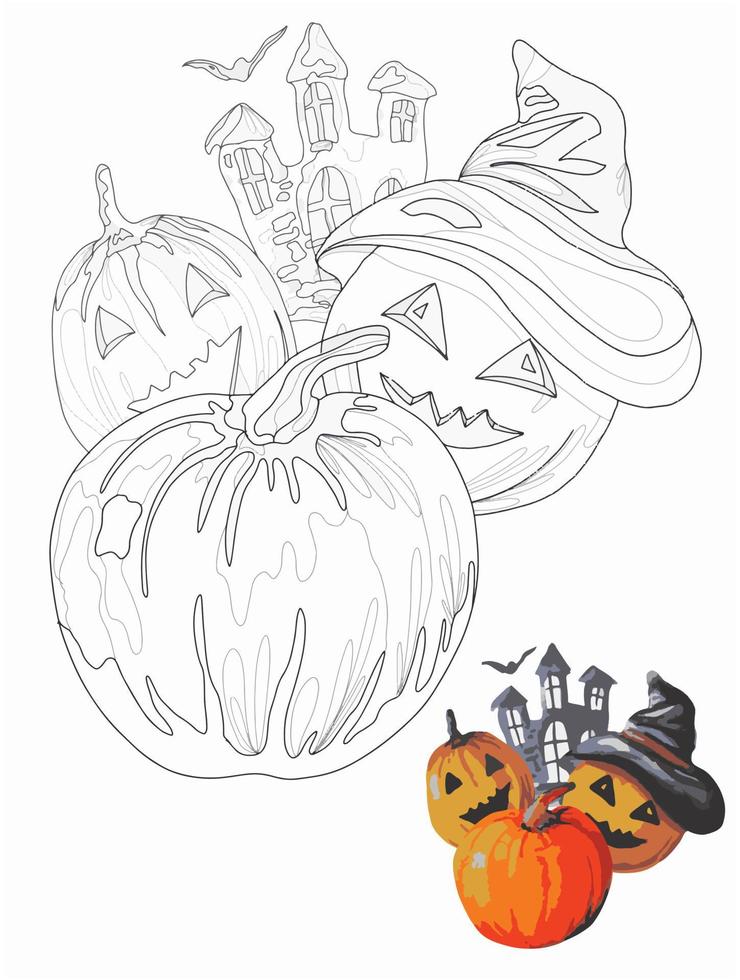 lanternes de citrouille drôles en chapeau d'halloween dans un style doodle, livre de coloriage, page de coloriage pour enfants et adultes vecteur