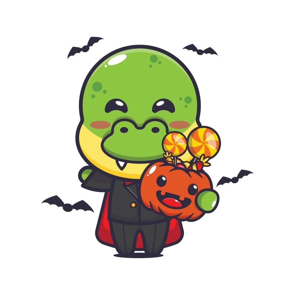 mignon vampire dino tenant une citrouille d'halloween. illustration de dessin animé mignon halloween. vecteur