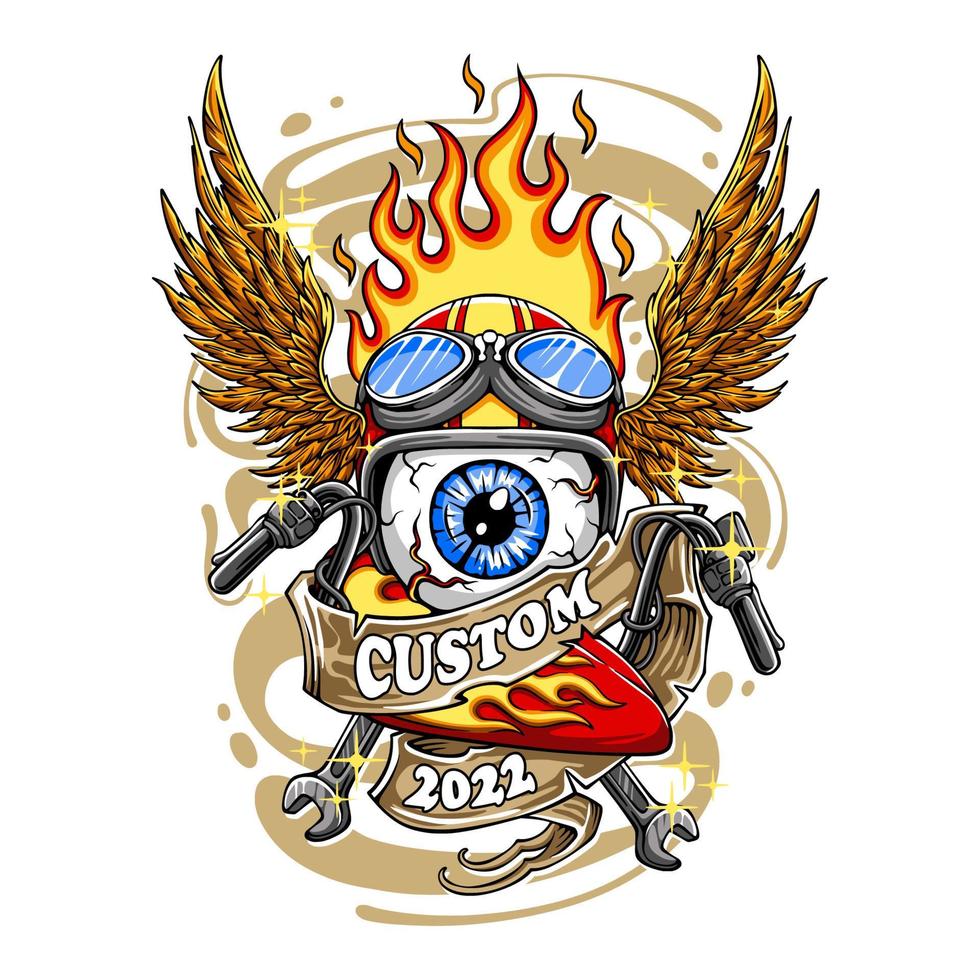 pièces de rechange de moto personnalisées colorées avec un œil portant un casque avec des ailes et du feu dessus pour la conception de t-shirt vecteur