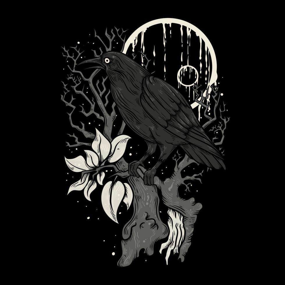 illustration vectorielle perche de corbeau sur la branche d'arbre mort la nuit illustration vintage vecteur
