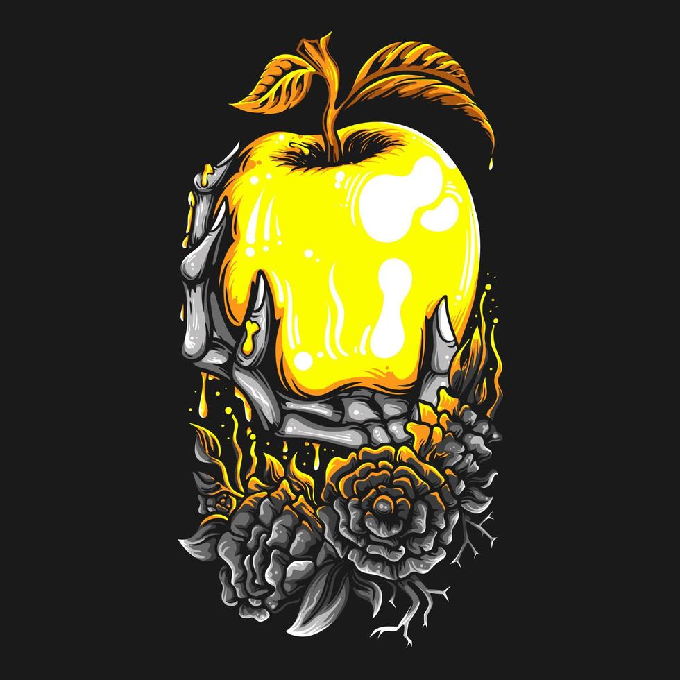illustration vectorielle main squelette colorée tenant une illustration vintage de pomme dorée vecteur