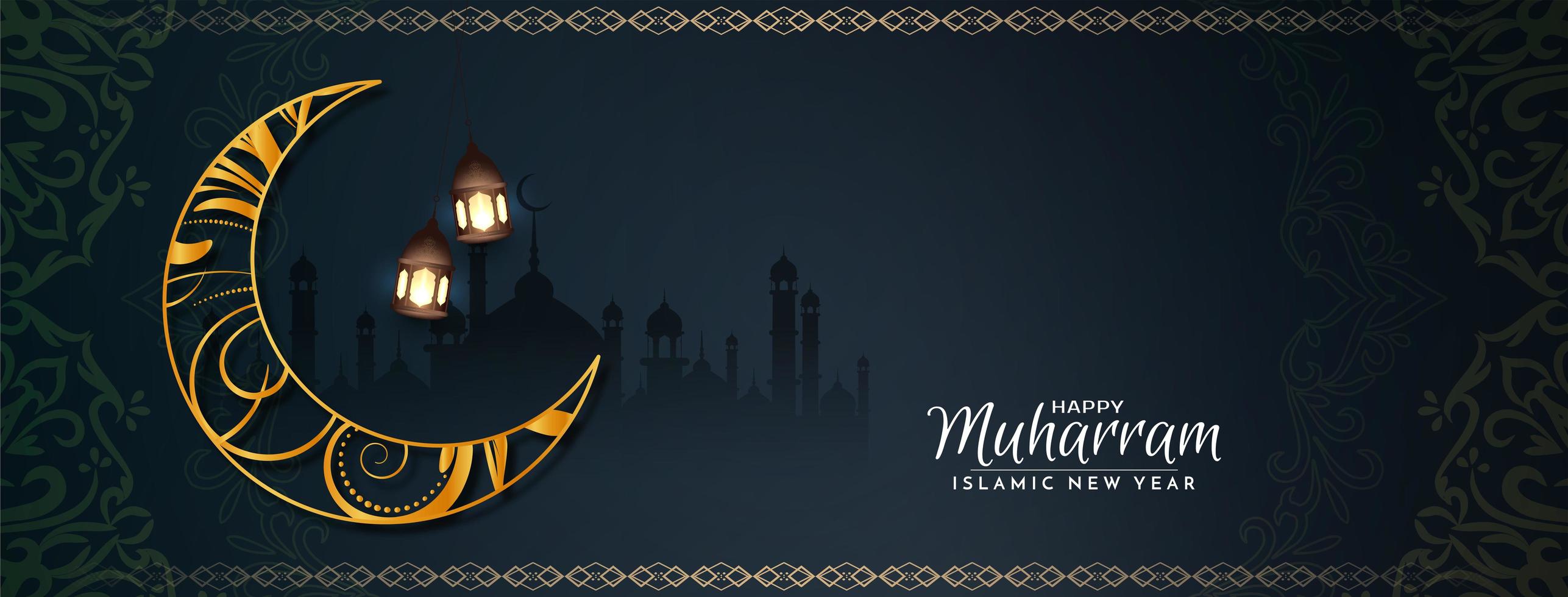 conception de bannière religieuse heureux muharram avec lune vecteur