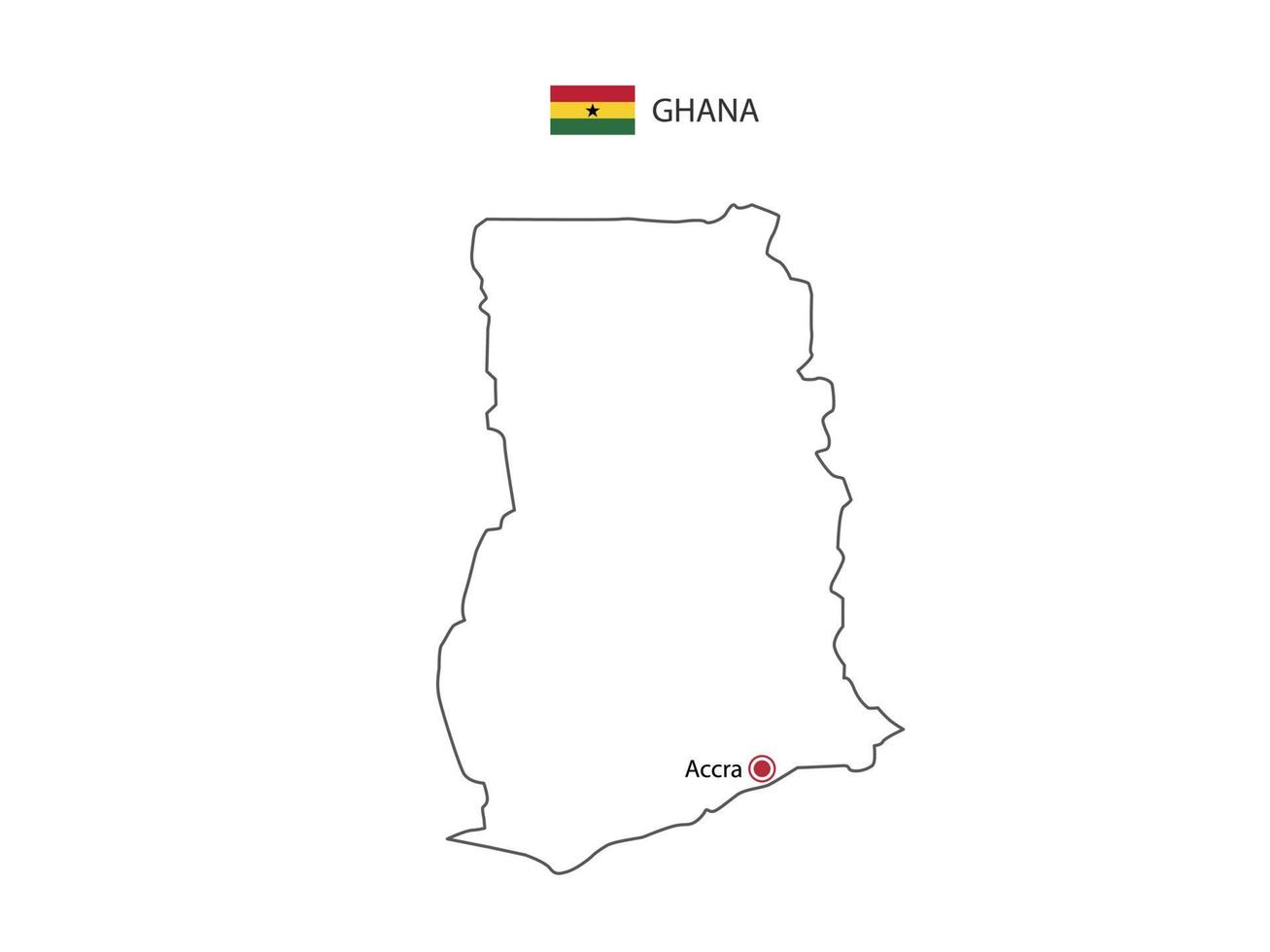 dessinez à la main un vecteur de ligne noire mince de la carte du ghana avec la capitale accra sur fond blanc.