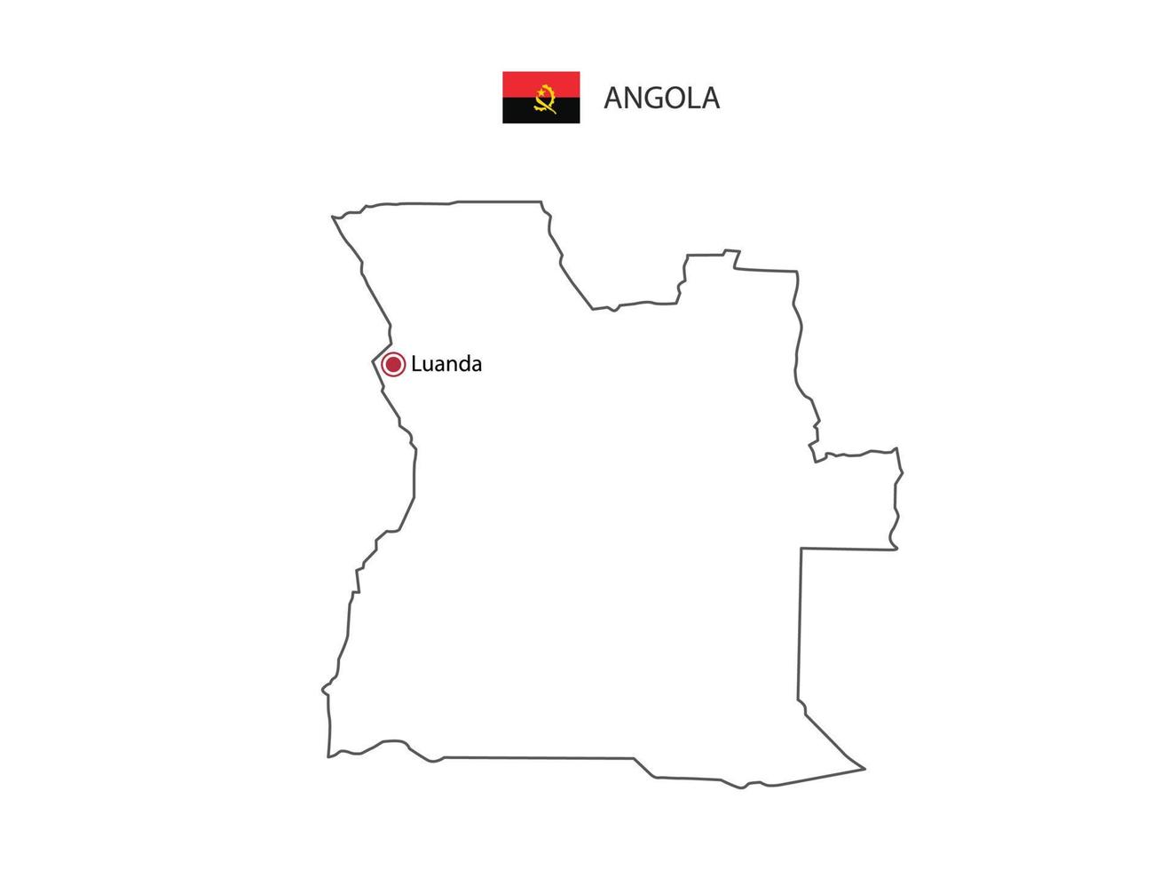 dessinez à la main un vecteur de ligne noire mince de la carte de l'angola avec la capitale luanda sur fond blanc.