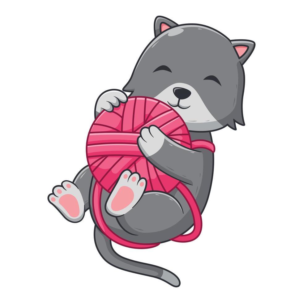 chat mignon jouant à la balle de fil rose. concept d'icône animale. style de dessin animé plat. adapté à la page de destination Web, à la bannière, au dépliant, à l'autocollant, à la carte vecteur