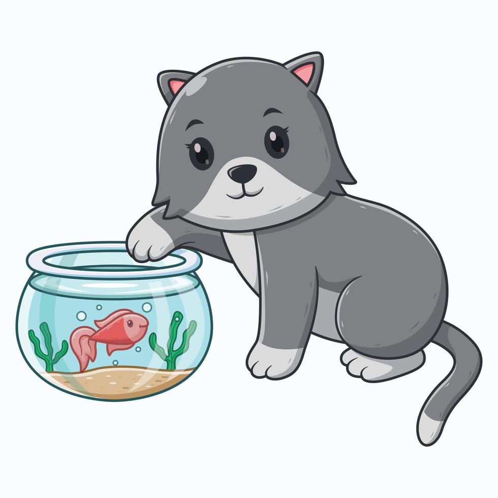 mignon petit chat jouant avec des poissons. concept d'icône animale. style de dessin animé plat. adapté à la page de destination Web, à la bannière, au dépliant, à l'autocollant, à la carte vecteur