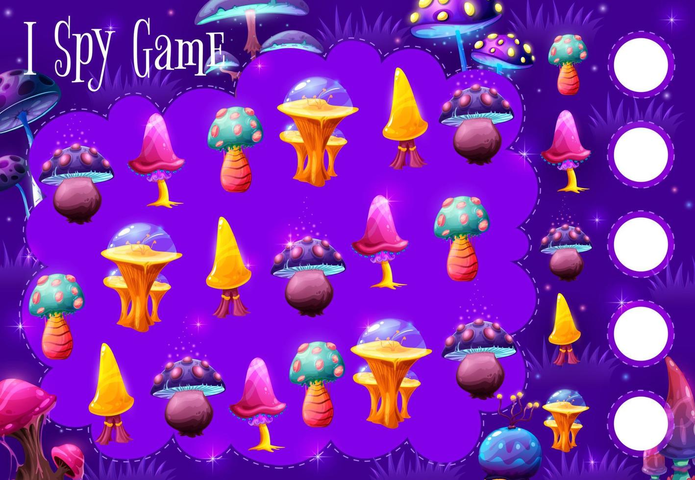 i spy game puzzle avec des champignons lumineux magiques vecteur