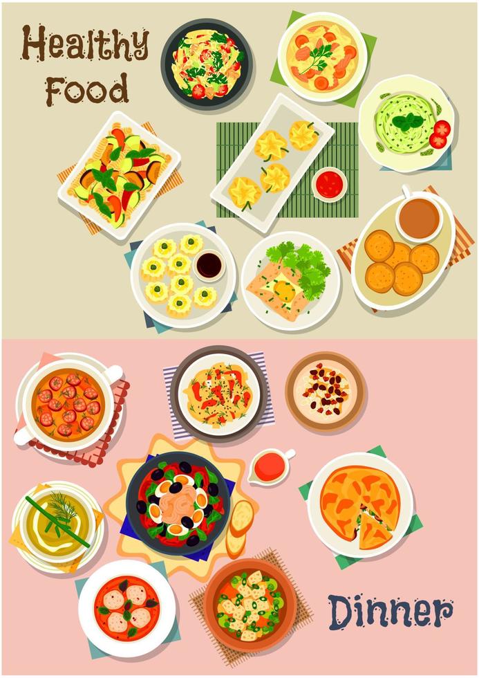 jeu d'icônes de plats de repas sains pour la conception de thème alimentaire vecteur