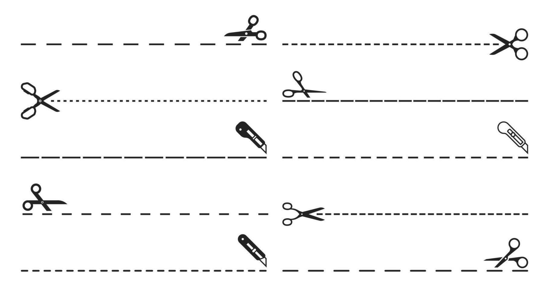 icônes de ciseaux de ligne de coupe, coupon ou tiret de garniture de papier vecteur