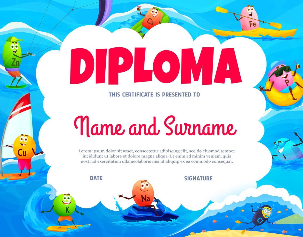 diplôme pour enfants, vitamines de dessin animé pendant les vacances à la plage vecteur