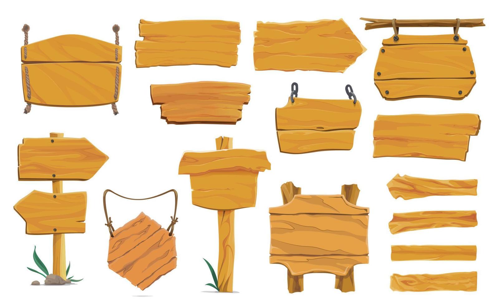 panneaux en bois de dessin animé, planches de bois, planches, bannières vecteur
