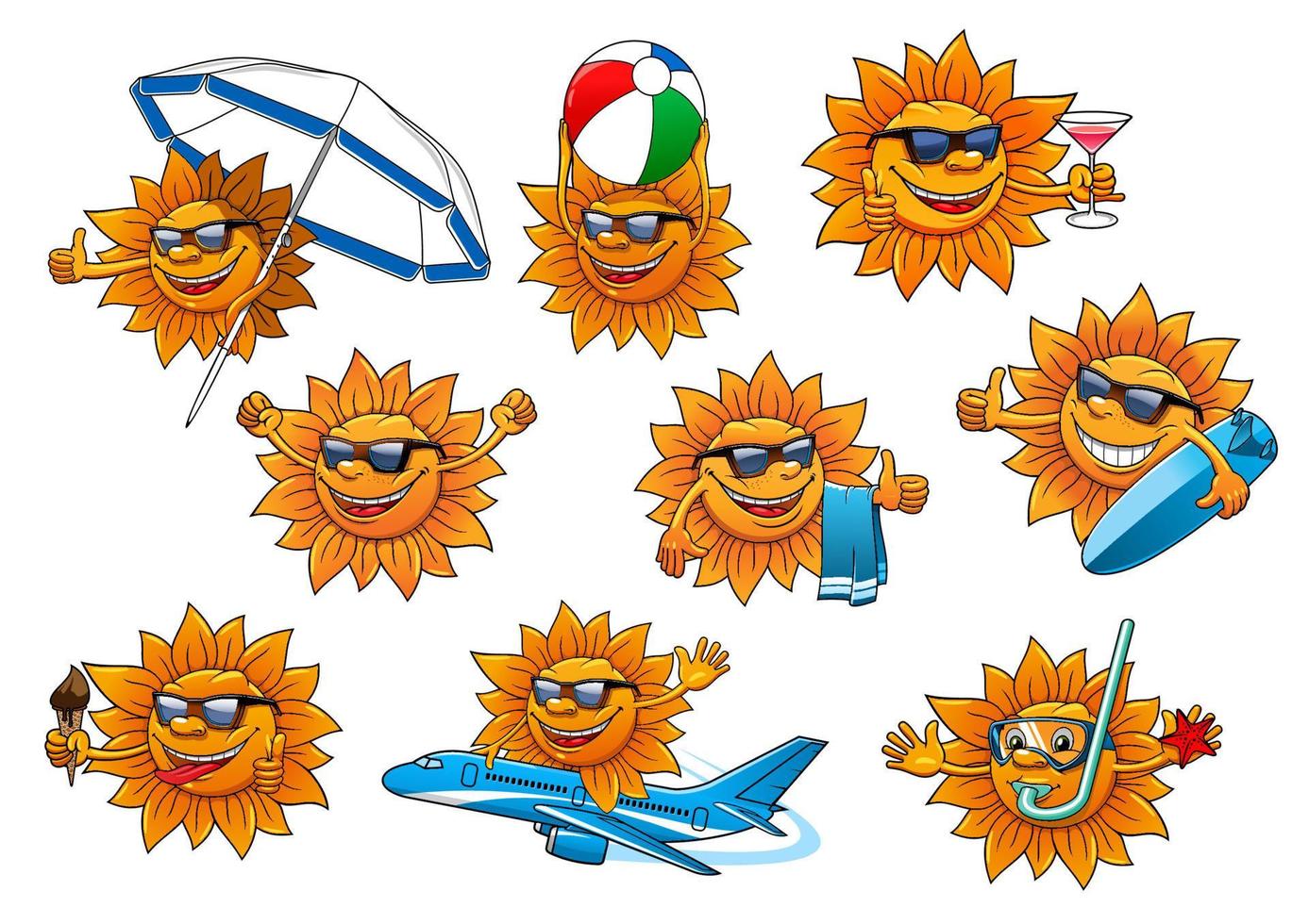 heureux, été, soleil, dessin animé, mascotte, ensemble vecteur
