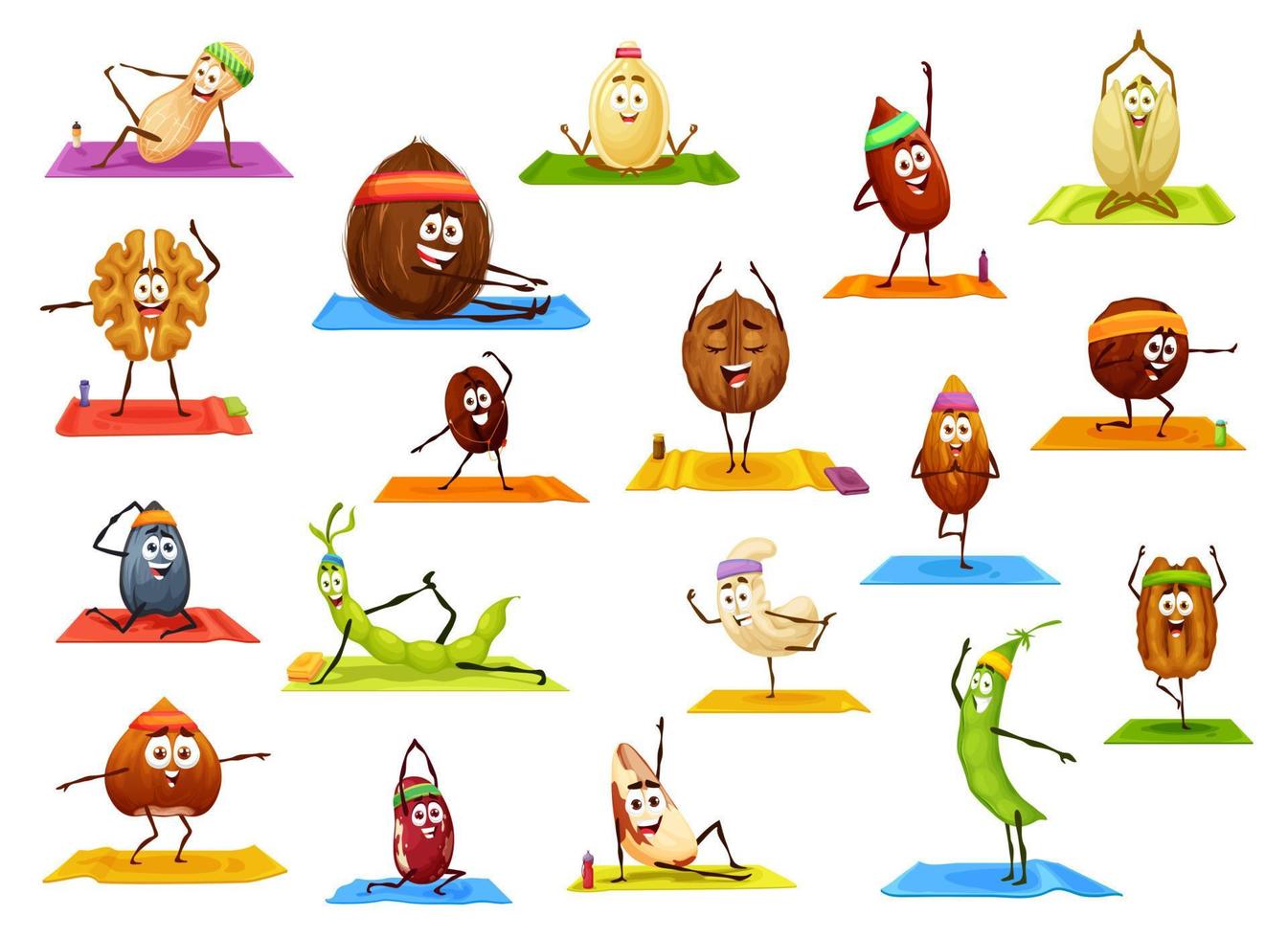 dessin animé heureux personnages de noix et de haricots sur le yoga vecteur