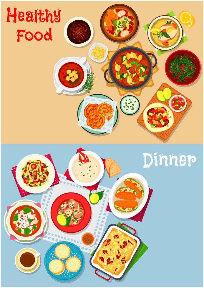 icône de menu de déjeuner sertie de plats principaux et dessert vecteur