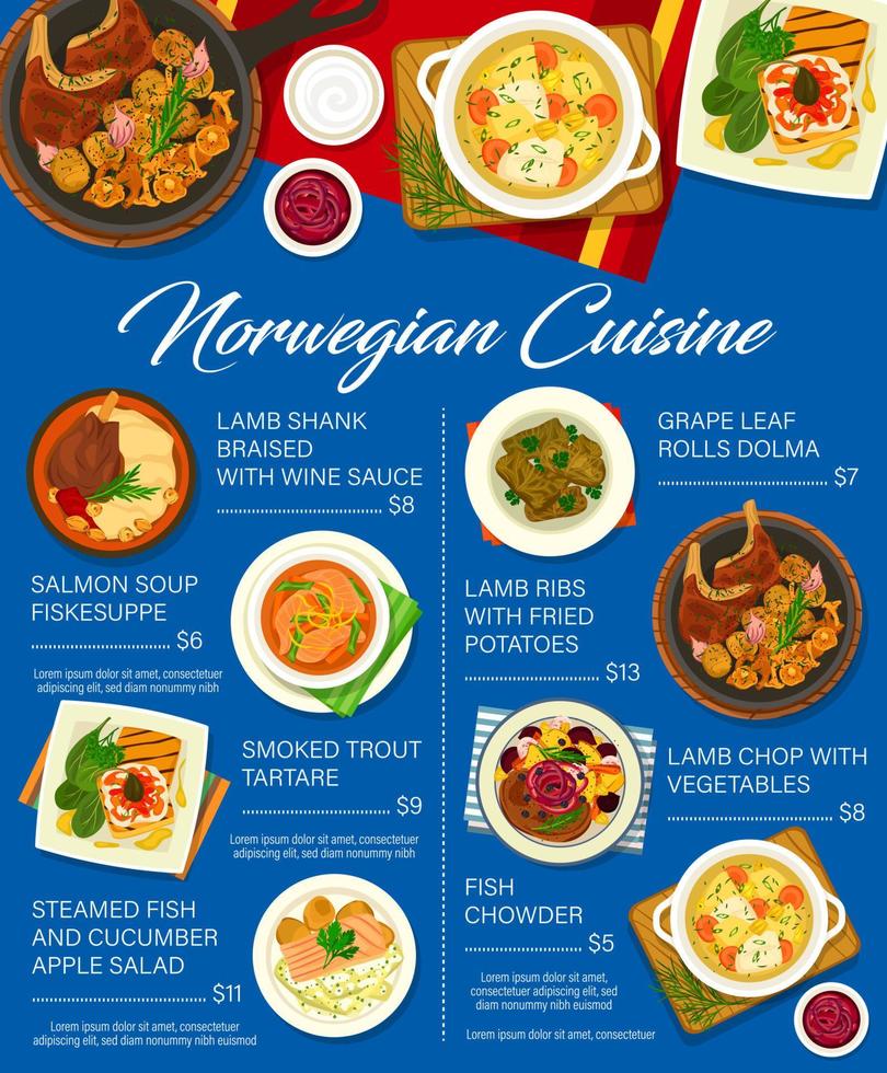 menu de cuisine norvégienne, viande, poisson, nourriture végétale vecteur